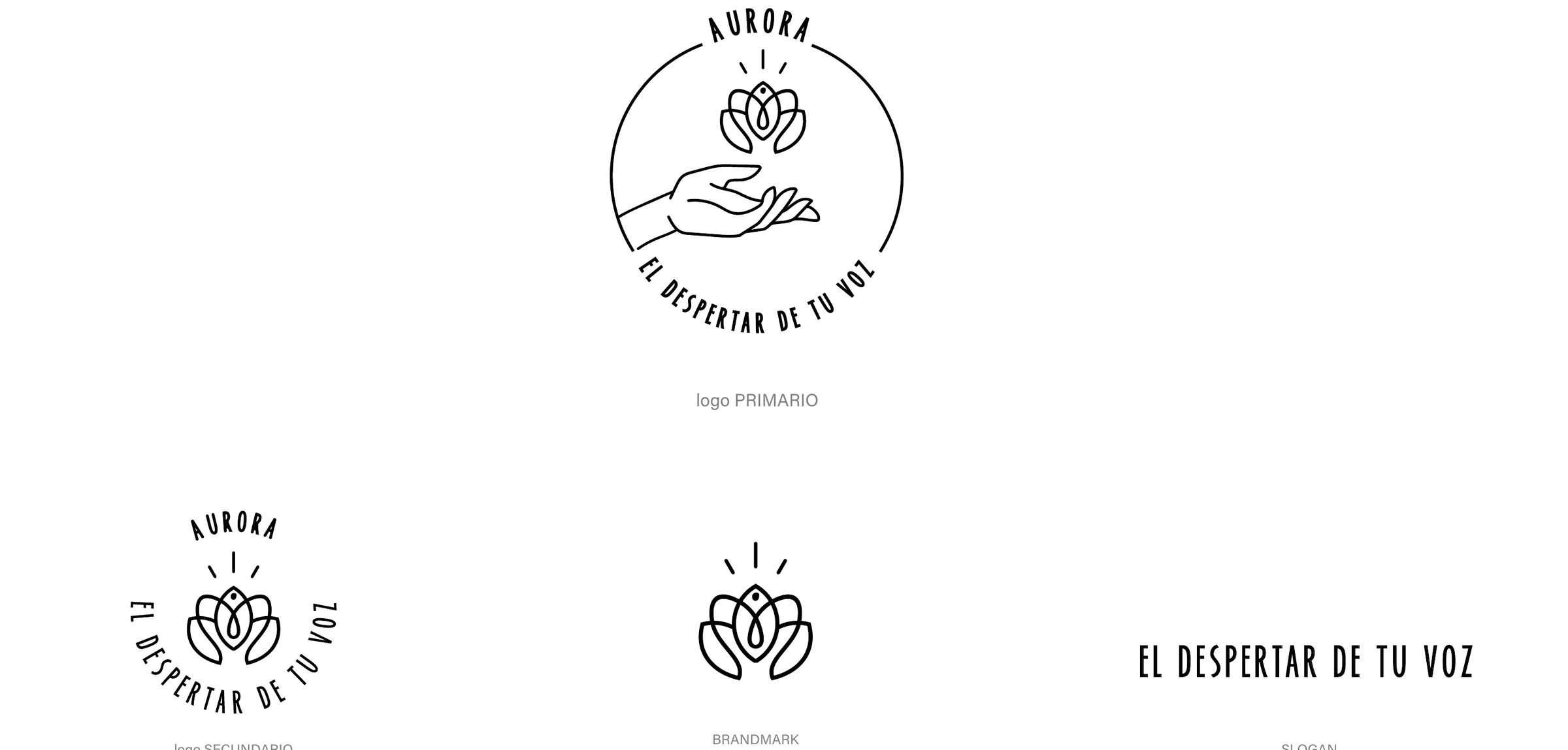 Aurora primary logo, secondary logo, hand-lotus brandmark, and slogan.