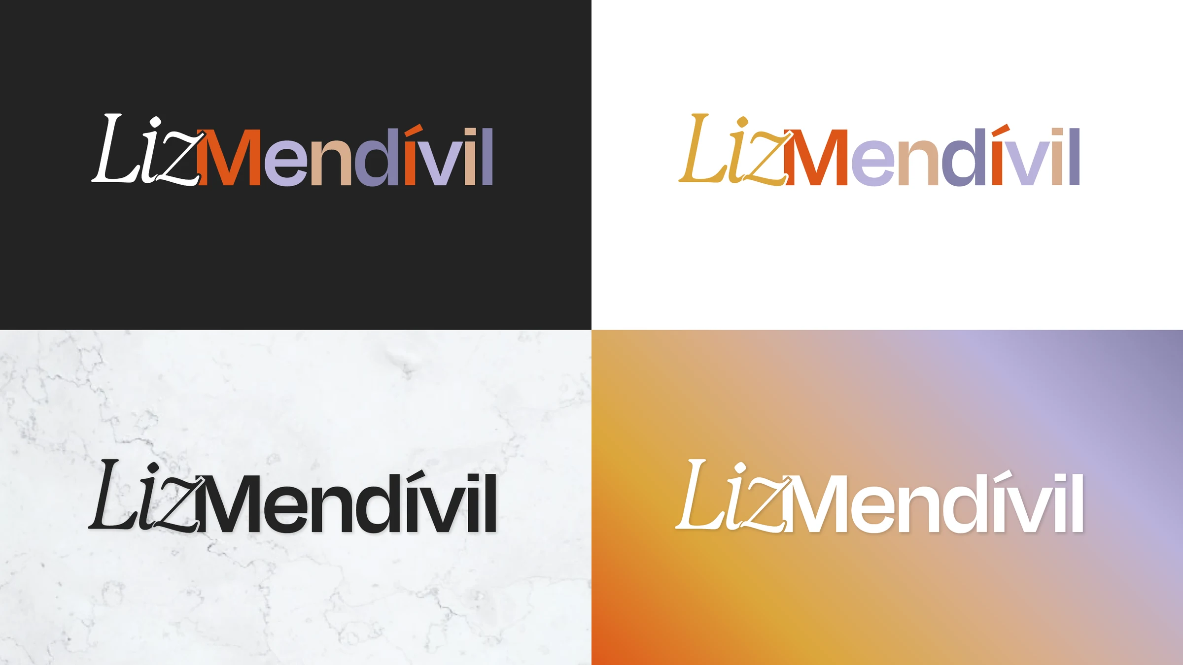 Liz Mendívil logo variations across light, dark and photographic fields.